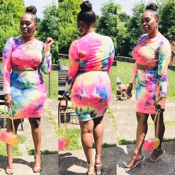 LOVE J Tie Dye Multi Neon Color Crop Top Skirt Set - Picture 4 of 12